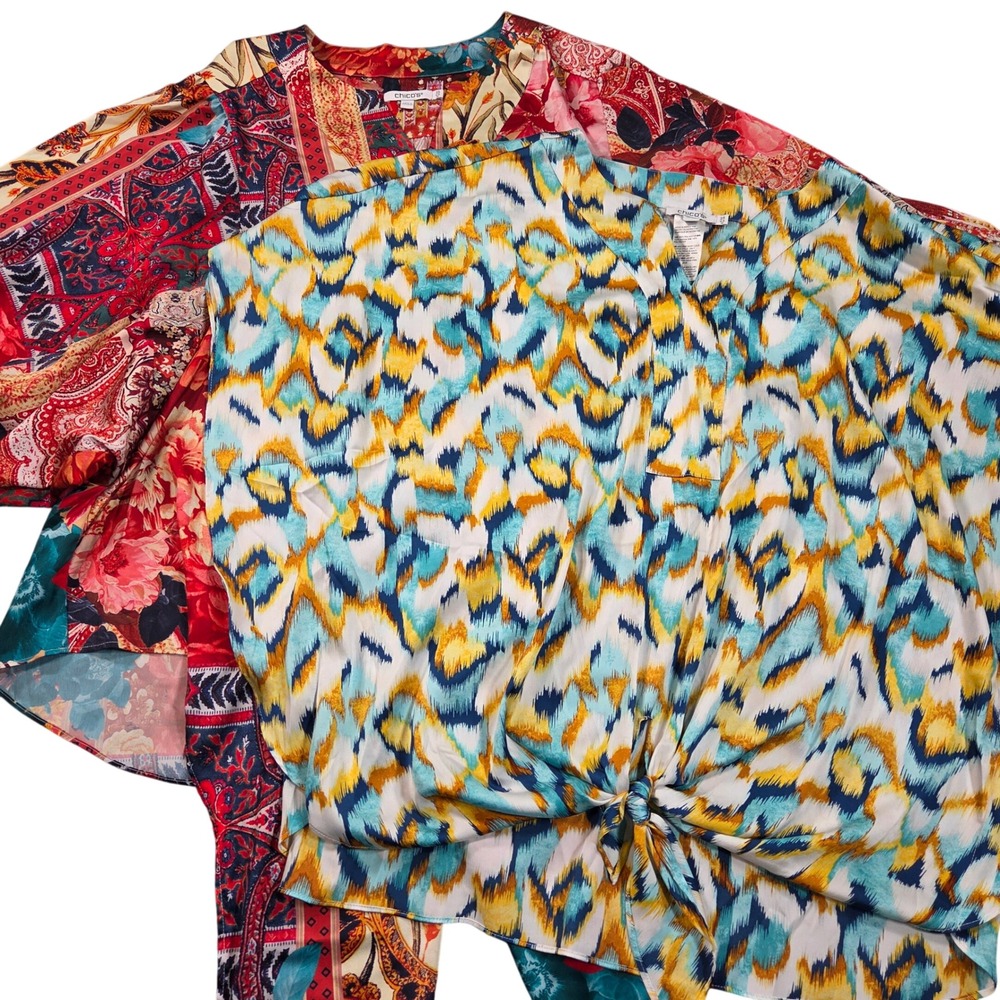 Chicos Blouse Bundle Womens Size 2.5 US 14 Ikat Tie Front Floral Patchwork